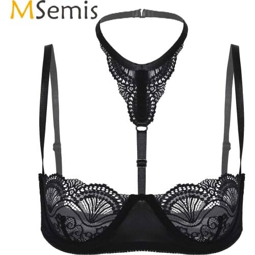 Womens Erotic Lingerie Bra See-Through Lace Bra Top Dating Honeymoon Halter Neck Underwired Unlined Sexy Hot Brassiere Underwear