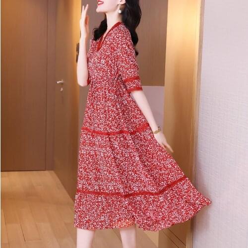 Fashion Red Women Dress Silk Print Floral Woman Dresses Elegant Short Sleeve Women Clothing Vestidos De Mujer Casual WPY3621