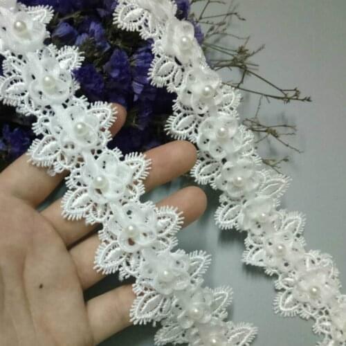2 yard White Cotton Flower Pearl Embroidered African Lace Fabric Trim Ribbon Sewing Supplies Craft For Costumes Decoration 2019