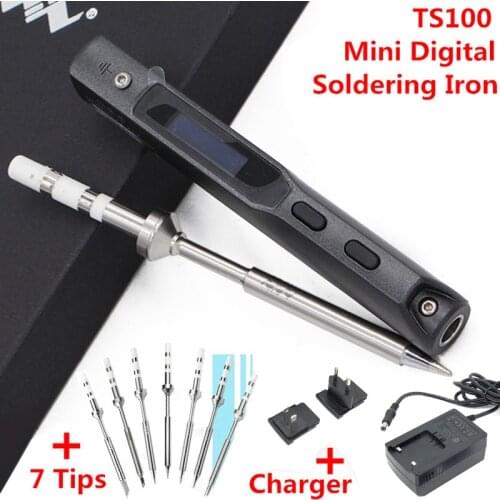 7PCS Tips + Charger + MINI TS100 Digital Soldering Iron Station OLED Programable Interface DC5525 Built-in STM32 Chip Tools Set