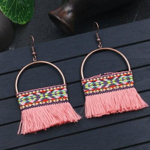 8Seasons Fashion Women Drop Earrings Bronze Alloy Half Round Circle Grey Colorful Ethnic Cotton Tassel Fringe Earrings,1 Pair