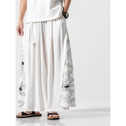 #8010 Summer Japanese Kimono Pants Men Side Split Streetwear Cotton Linen Wide Leg Pants Big Size Loose Spliced Casual Vintage
