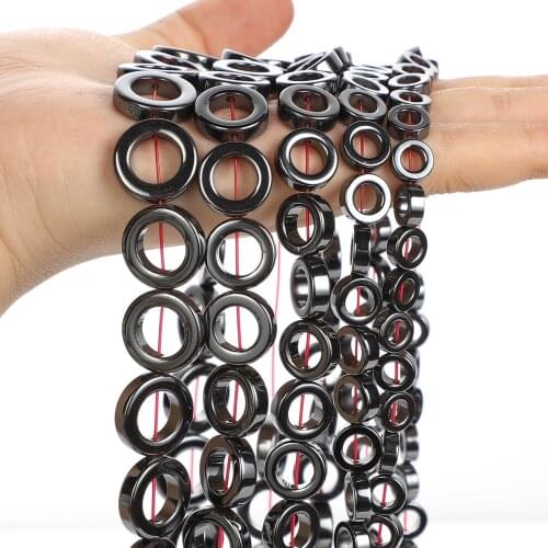 Natural Stone Beads Hollow Circle Black Hematite Donuts Loose Spacer Beads for Jewelry Making Needlework Bracelets Accessories
