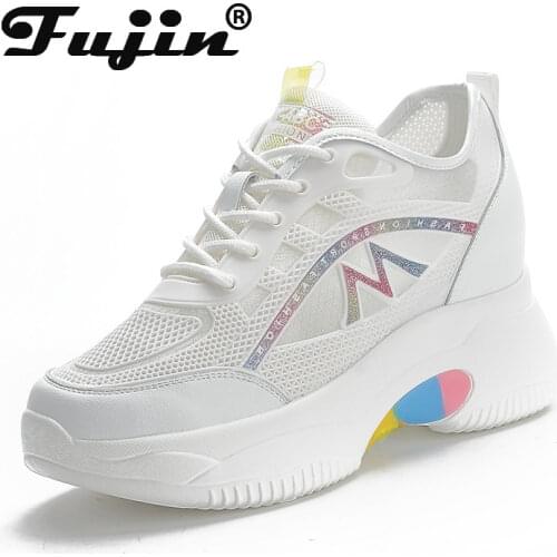 Fujin 6cm Platform Heel 2cm Wedge Dad Shoes Chunky Sneakers for Women White Breathable Air Mesh Hollow Women Summer Shoes
