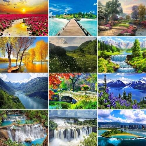 GATYZTORY Diamond Painting Waterfall Full Square Stones Home Decoration Landscape Diamond Embroidery Scenery Mosaic Crafts Kit