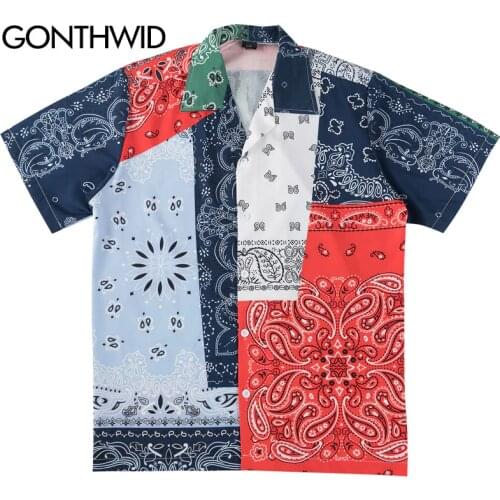 GONTHWID Hip Hop Cashew Flowers Print Color Block Patchwork Beach Aloha Hawaiian Shirts Streetwear Summer Short Sleeve Shirt Top