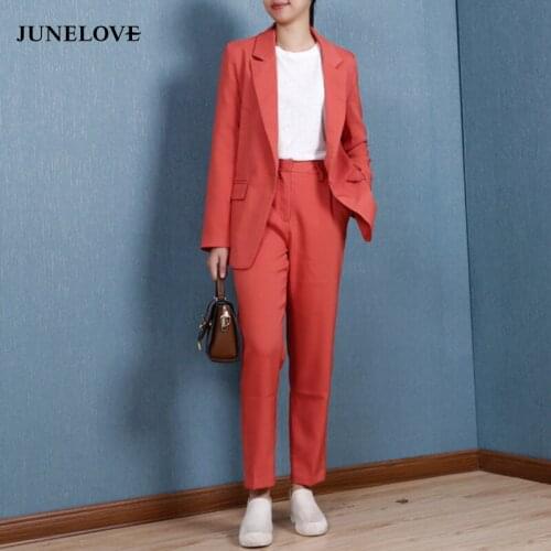JuneLove Women Single Uotton Work Blazer Suits OL Pants Suit Notched Blazers Jackets With Trousers Two Pieces Set Red Pink GREEN