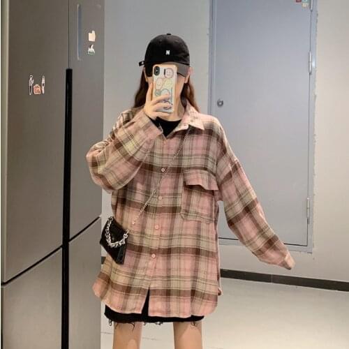 Plaid shirt female design sense niche long-sleeved shirt outer wear autumn Korean loose BF mid-length jacket jacket