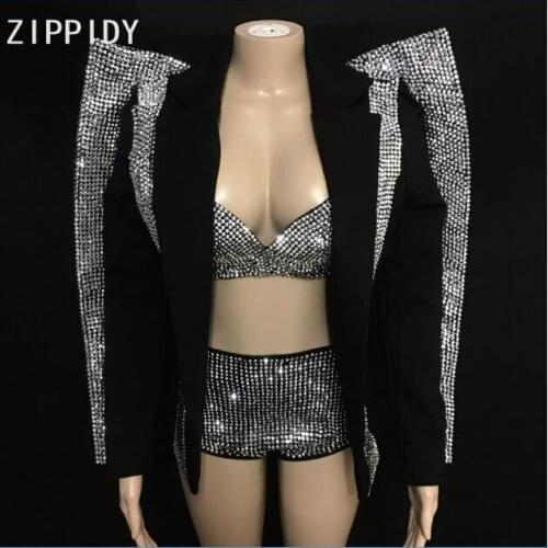Fashion Sparkly Silver Rhinestones Outfit Set Women Singer Dance Bra Short Jacket Wear Nightclub Clothes Black Wear Outfit Set