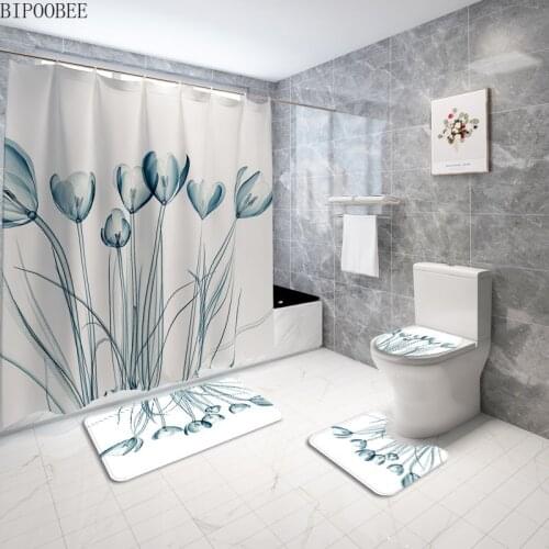 Tulip Printed Shower Curtain Set Beautiful Flowers Toilet Lid Cover Anti-slip Carpet Bath Mats Rugs Waterproof Bathroom Curtains