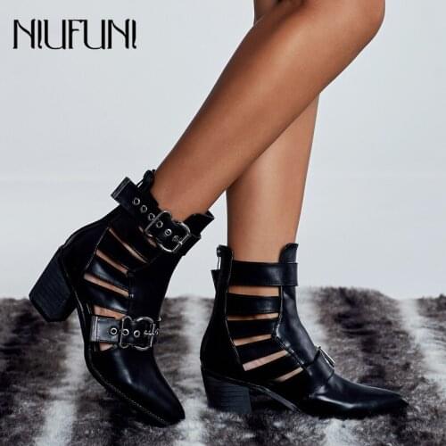 NIUFUNI Plus Size 42 Boots Women Punk Metal Buckles Motorcycle Boots Fashion Hollow Black Shoes Woman Pointed Toe Ankle Botas