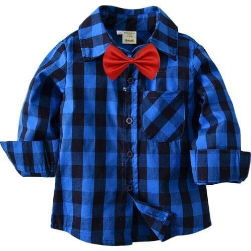 Spring&autumn New Kids Plaid Shirt England Cotton Long Sleeve Blouses With Bow Casual Shirts Boy Girl Clothes For 2-7 Years