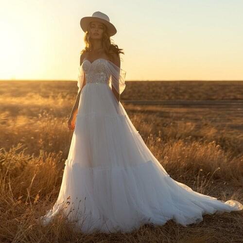Charming A Line Boho Tulle Wedding Dresses Vestido de Noiva Cap Sleeve Off the Shoulder Beaded Lace Bridal Gowns 2021