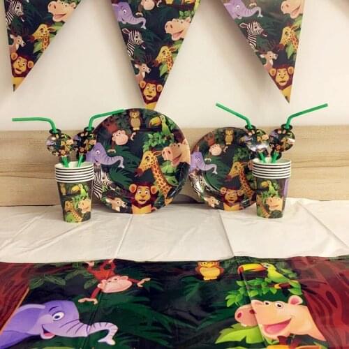 38PCS/set Jungle Animal Birthday Party Disposable Tableware Forest Friends Safari Zoo Theme Paper Cup Plate Baby Shower Supplies