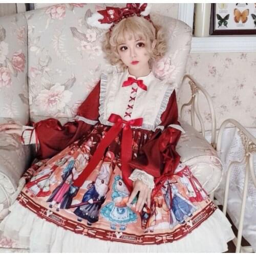 Autumn Winter Op Lolita Dress New Year Christmas Cartoon Japan Print Dress Girls Kawaii Bow Party Red Princess Dresses