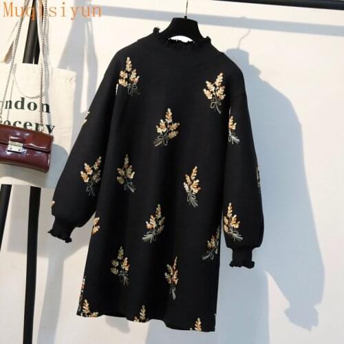 Autumn Winter Women Loose Casual Floral Embroidery Woolen Blend Mini Black Dress Ladies Dresses Plus size 3XL 4XL S235