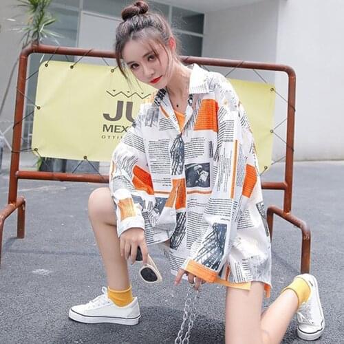 Autumn Vintage Blouse Fashion Women Cartoon Print Lapel Shirt Fall 2020 Loose Streetwear Long Sleeve Tops and Blouses