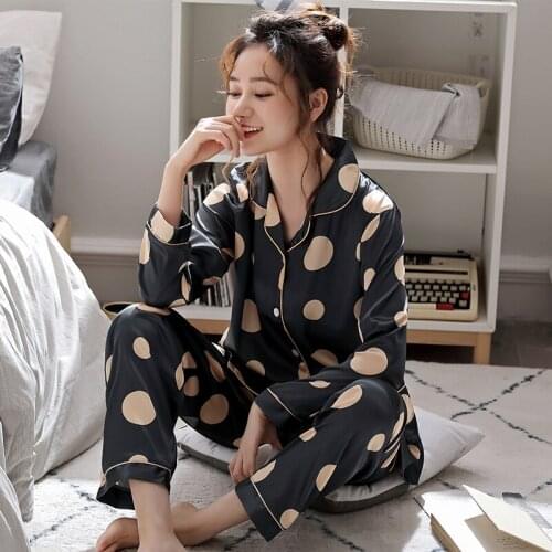 Dot Print Women Silk Satin Pajamas Pyjamas Set Long Sleeve Sleepwear Spring Pijama Suit Female 2 Piece Sets Loungewear M-3XL