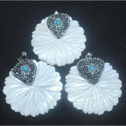 1pc shell pendants carving flower with blue stone and rhinestone diamond round shape women earring drops making findings 45mm