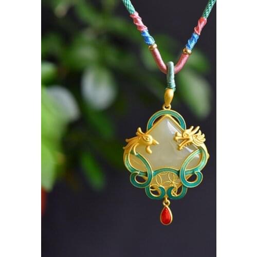 Prosperity Brought by the Dragon and the Phoenix Hetian Jade Necklace Womens Sterling Silver Chinese Style Ethnic Style Vintage