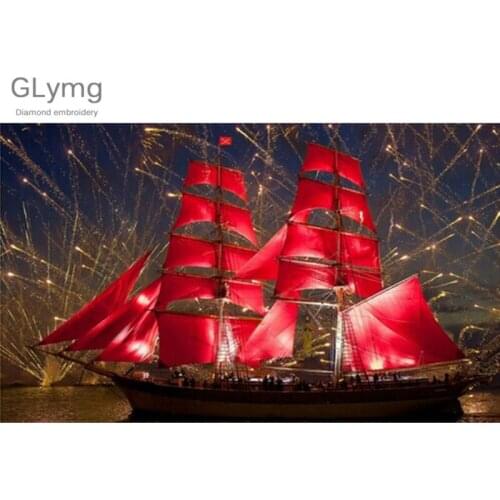 Craft Needlework Fireworks Scenery 5D Diy Diamond Painting Full Red Sailboat Diamond Embroidery Square Drill Mosaic Picture