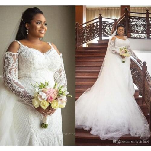 Luxury Long Sleevs Jewel Neck Mermaid Wedding Dress Sexy Plus Size Lace Appliqued African Bridal Gown