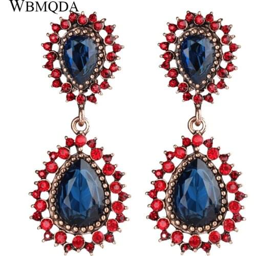 Wbmqda Luxury Blue Stone Long Earrings Antique Gold Unique Drop Earrings For Women Ethnic Bride Wedding Jewelry 2021 New