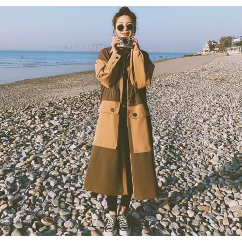Womens Windbreaker Brown Contrast Stitching Long Korean Loose Spring Autumn Ladies Trench Coat Big Size Fashion Cloak Female 8