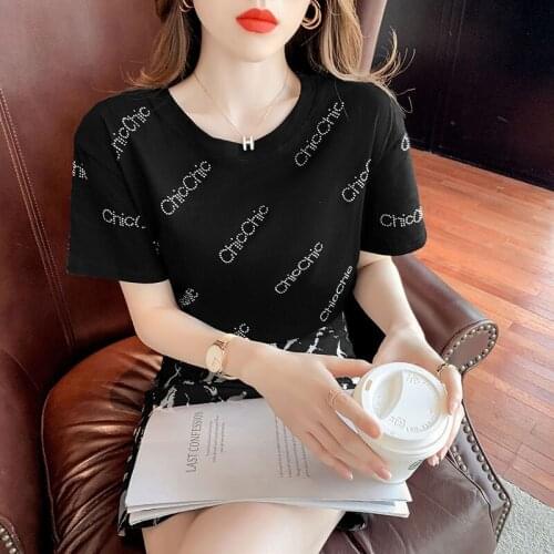 Korean Style Clothes Female t shirt summer O Neck Hot drilling short Sleeve t shirt Women letter Tops Casual Loose t shirt