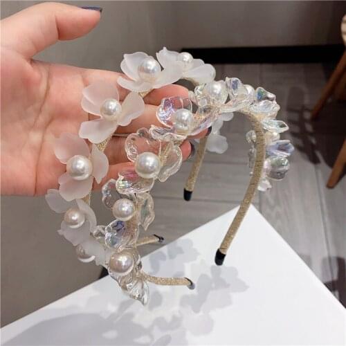 Korea WhiteTransparent Flower Pearl Hairband Women Sweet All Match Headbands Street Girls Hair Accessories Princess Headwear