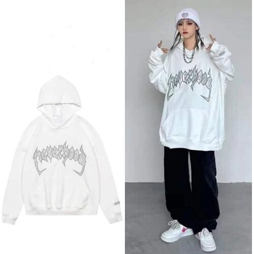 Y2K letters hot rhinestone self-cultivation Harajuku hoodie jacket top women hooded sweater warm and loose hotel street handsome