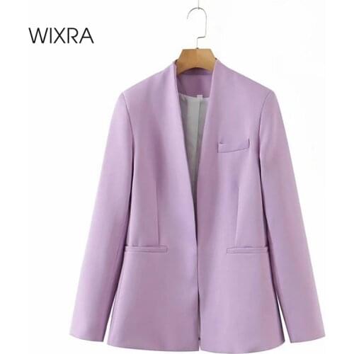 Wixra Women Solid Casual Metal Button Blazer Coat V-Neck Pockets Floral Female OL Chic Tops New Hot Autumn Outwear