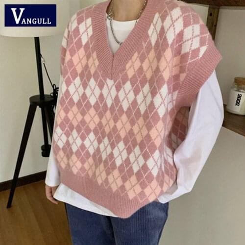 Vangull College Style Plaid Women Vest Casual Knitted Female Pullover Tank V-Neck Sleeveless Autumn All-match Sweater Vest Tops