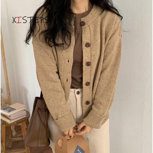 Sweater Cardigans Women Autumn Winter Knitted Outwear Single Breasted Ladies Vintage Loose Sequin Cardigan Femme Grey Camel 2021