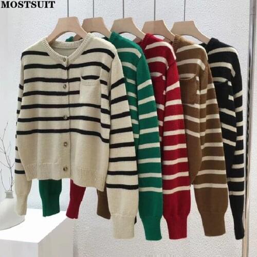 Vintage Striped Knitted Cardigan Tops Women 2021 Autumn Full Sleeve Single-breasted Pocket Casual Korean Jumpers Sweaters