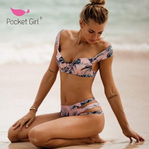 Pocket Girl 2018 Off Shoulder Bikini Cute Bandeau Lady Bikini High Waist Swimwear Women Padded Swimsuit Ruffle Female Beachwear
