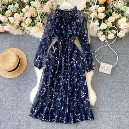 New Women Dress Voile O-neck Long Sleeve Gauze Dress Euro Ladies Ruffles Collar Floral Printed Elegant Mid-calf Long Dresses