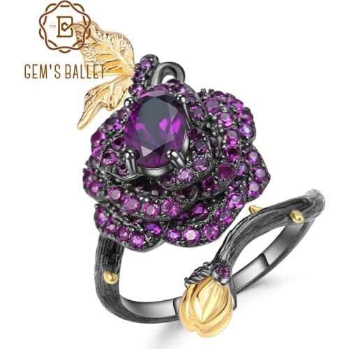 GEMS BALLET 0.81Ct Natural Amethyst Real 925 Sterling Silver Rose Flower Open Rings Handmade Adjustable Ring for Women Wedding