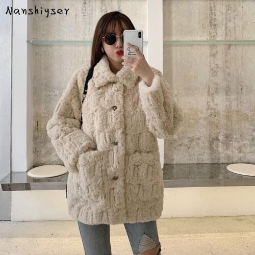 Women Faux Rabbit Fur Coat 2021 Winter Soft Plush Apricot Faux Fur Single Breasted Thick Warm Long Sleeve Casual Short Outerwear
