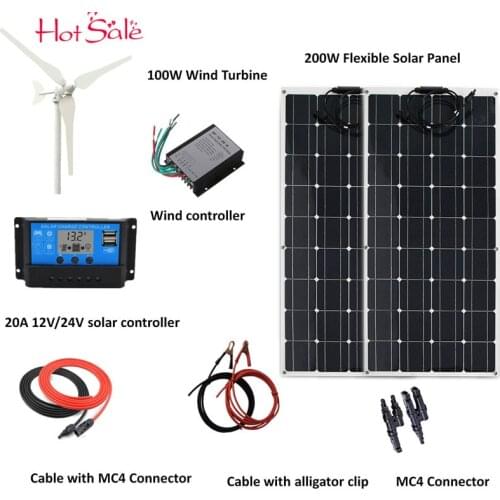 300 Hybrid System: 100W Wind Turbine Generator+2pcs 100w flexible Solar Panel+wind Controller+20A Solar controller+Accessories