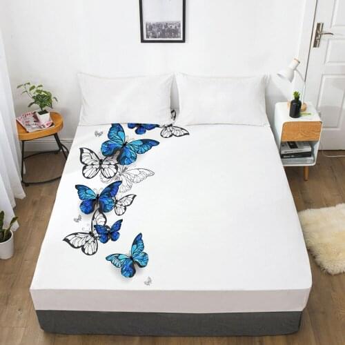 3D HD Digital Printing Custom Bed Sheet With Elastic,Fitted Sheet Twin Full White butterfly Bedding Mattress Cover 200x220cm