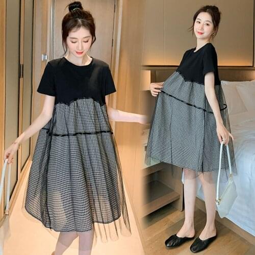 49196# Maternity Dress Summer Short Sleeves Easy Matching Loose Stylish Lace Patchwork Dress Pregnant Women Mom Dress