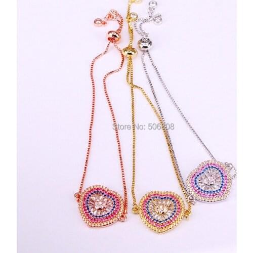 6PCS, Colorful CZ Heart Connector Charm Bracelets for Women