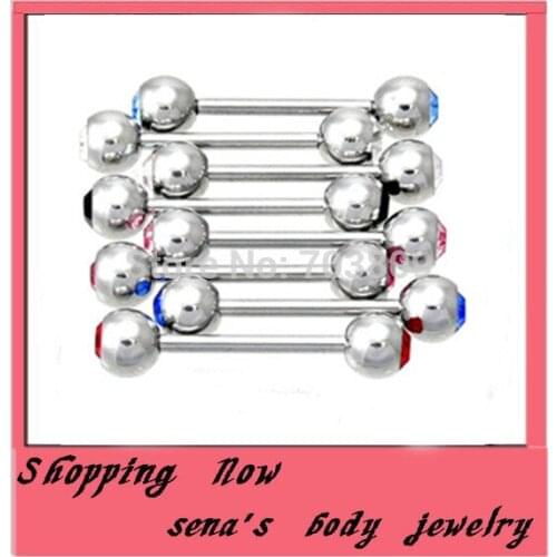 Free shipping100pcs/lot mix 10 colors stainless steel straight double gem barbell tongue ring piercing body jewelry