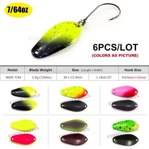 6PCS COUNTBASS Casting Trout Spoon With Korean Single Hook, Size 30x13.5mm, 2.9g 7/64oz Brass Fishing Lures, Crappie Fish Bait