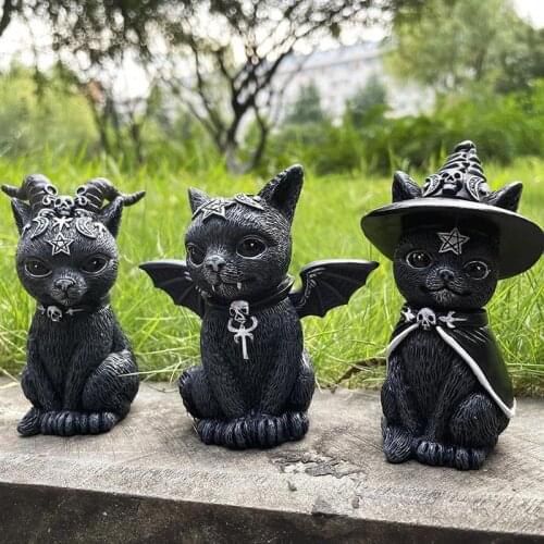 Halloween Black Magic Cat Resin Crafts Ornaments Animal Skull Necklace Black Cat Sculpture Gifts Desktop Home Garden Decoration
