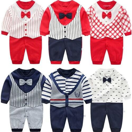 Baby Jumpsuit spring Clothing Newborn Cotton Clothes Infant Long Sleeved Rompers Baby Boys Bow Tie Climbing Roupa Pajama Outwear