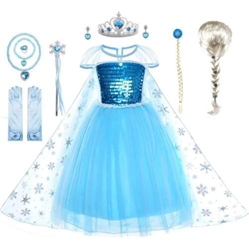 Elsa Halloween Cosplay Costumes for Girls Sparkly Snowflack Tutu Dresses Sequins Summer Party Dress with Cloak Kid Banquet Frock