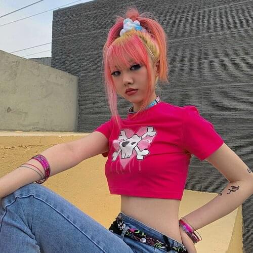 Top Short Tight Tight Navel T-shirt Cartoon Skull Print Round Neck Short Sleeve Summer y2k футболка женские футболки t-shirts