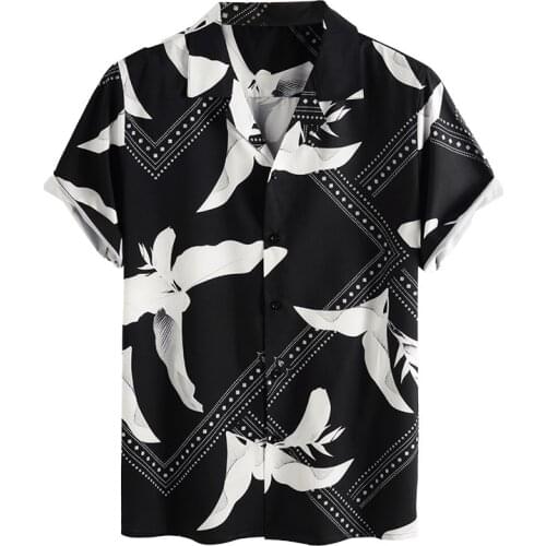 Summer Black Vintage flower printed Hawaiian Shirts Mens Short Sleeve Shirts Chemise Homme Beach Blouse Tops